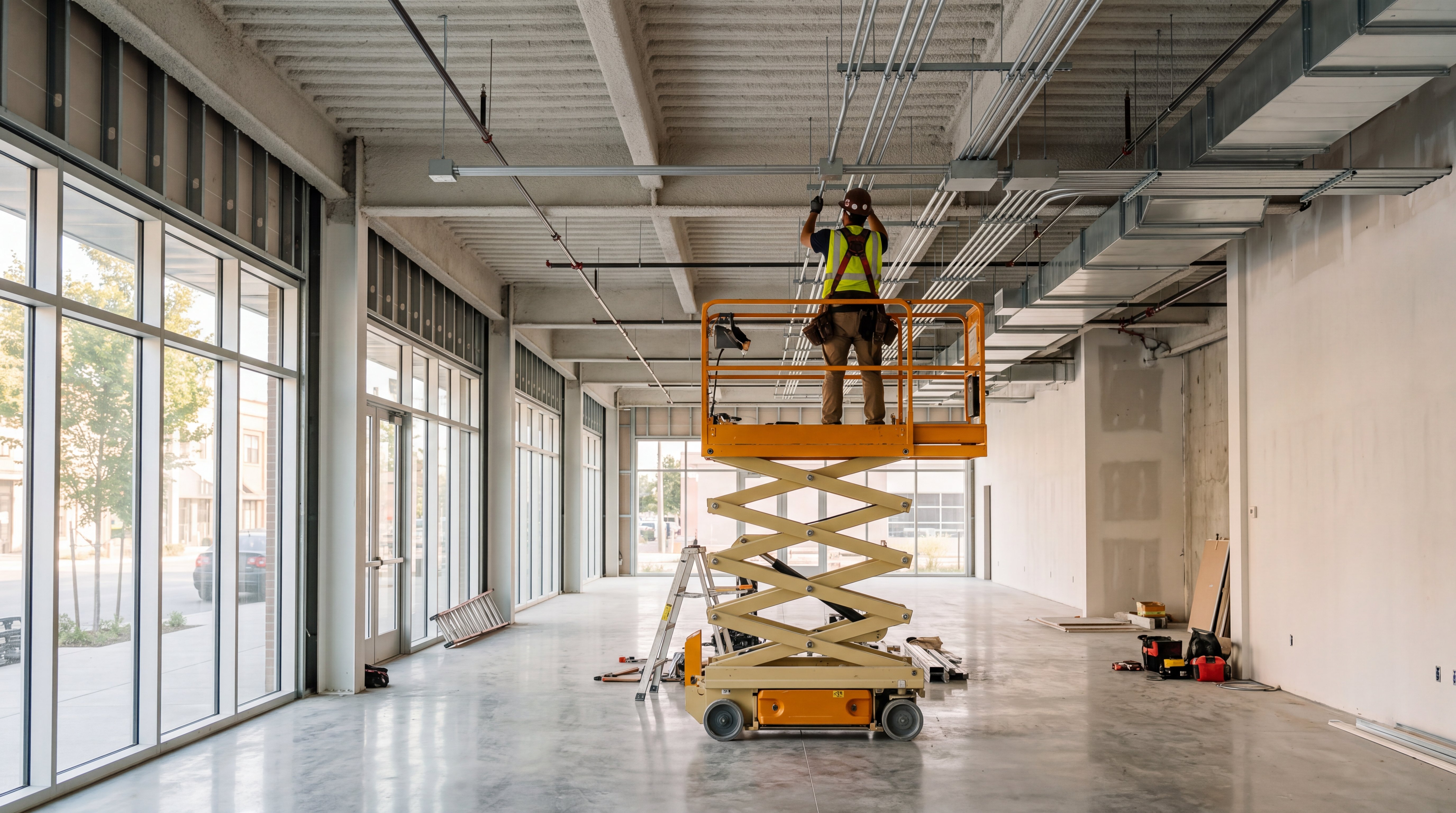 Electrician on a scissor lift installing conduit in an unfinished commercial retail space