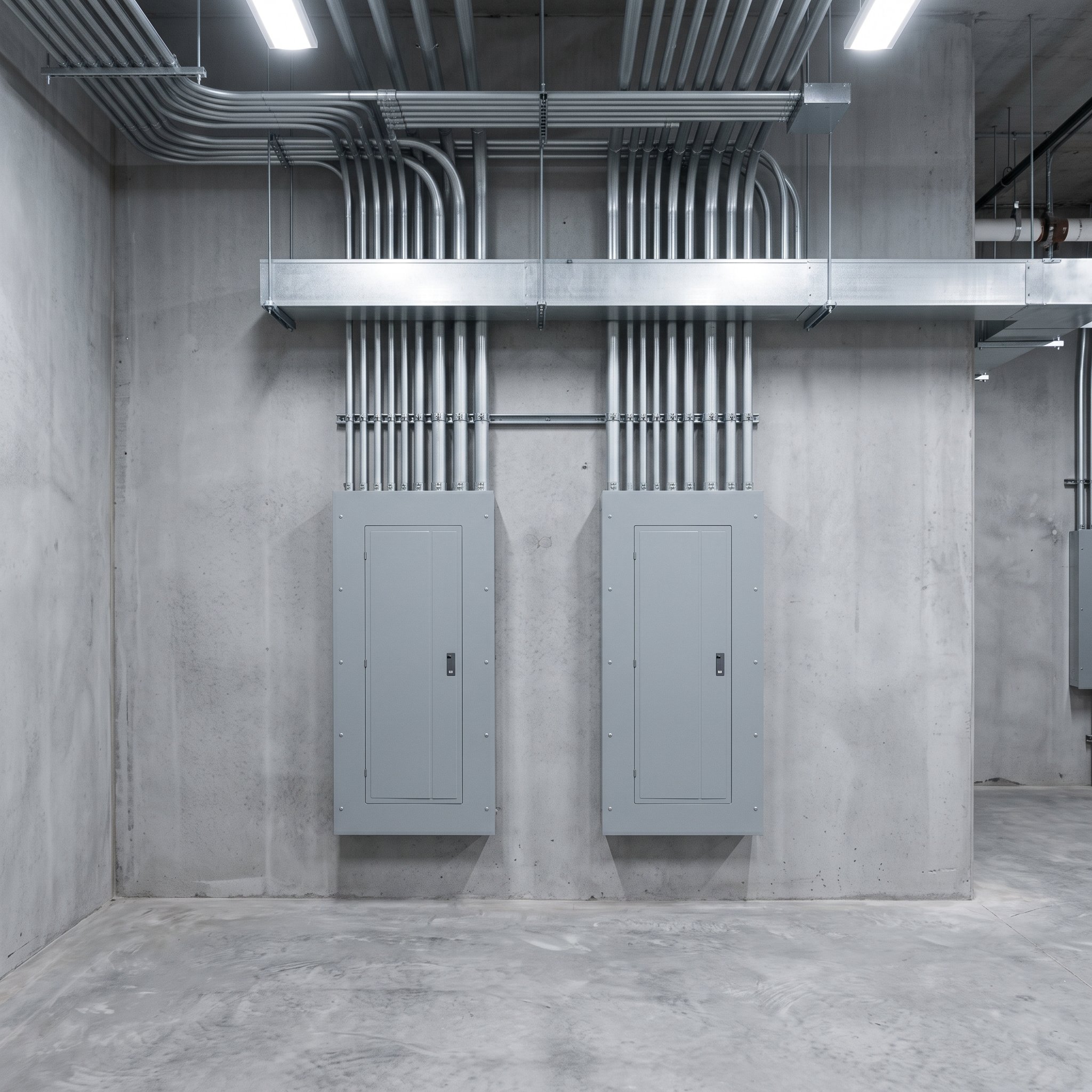 New commercial panelboards with aligned conduit runs in an electrical room