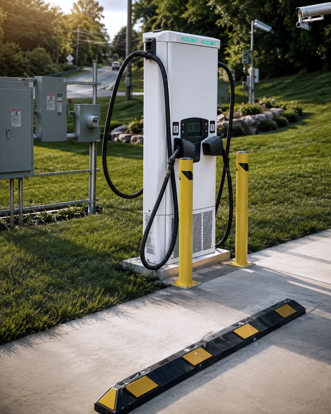 EV fast charger on a new concrete pad with protective bollards