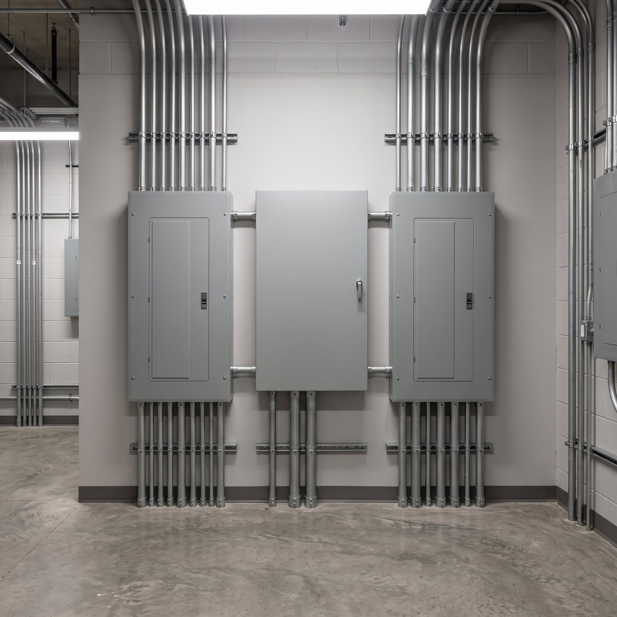 Automatic transfer switch cabinet installed between two panelboards