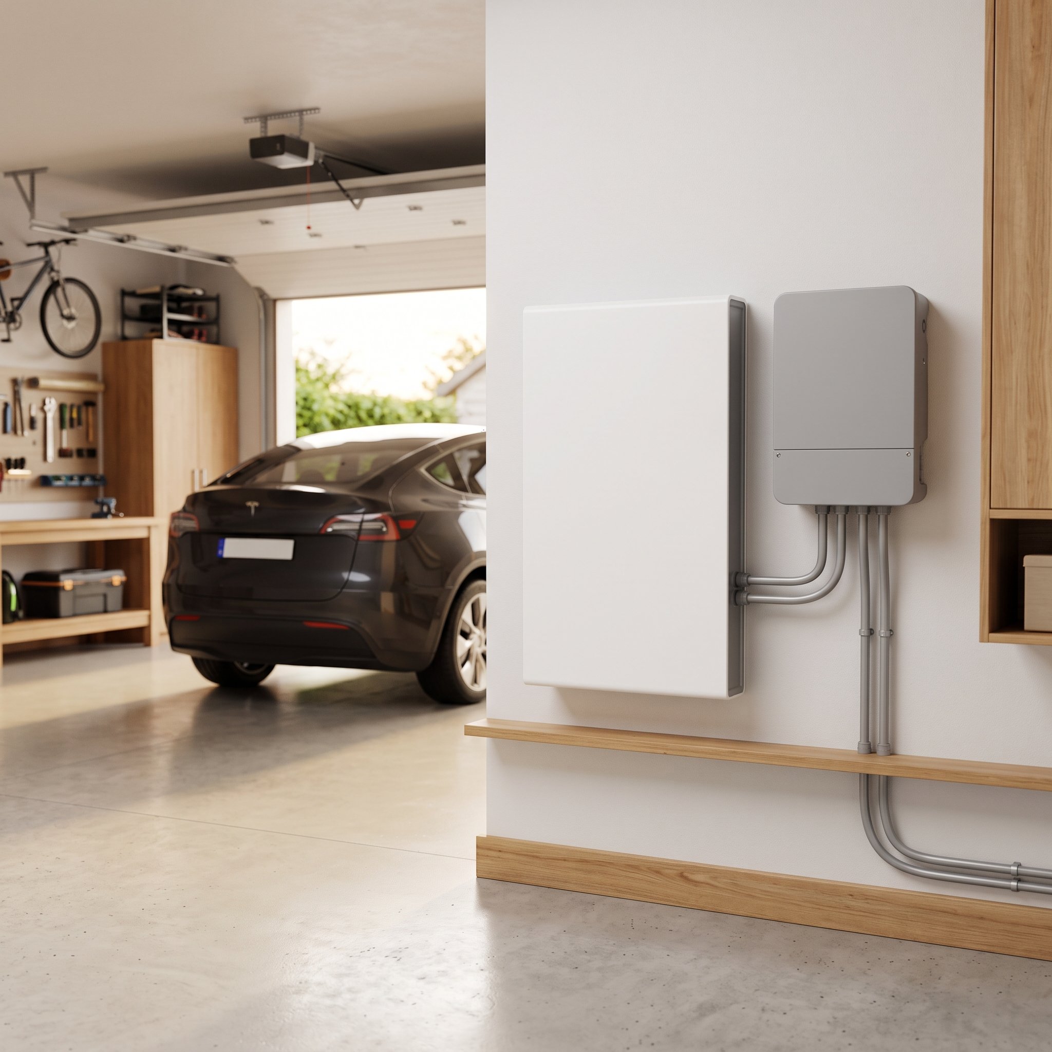 Wall-mounted home battery storage and inverter in a garage