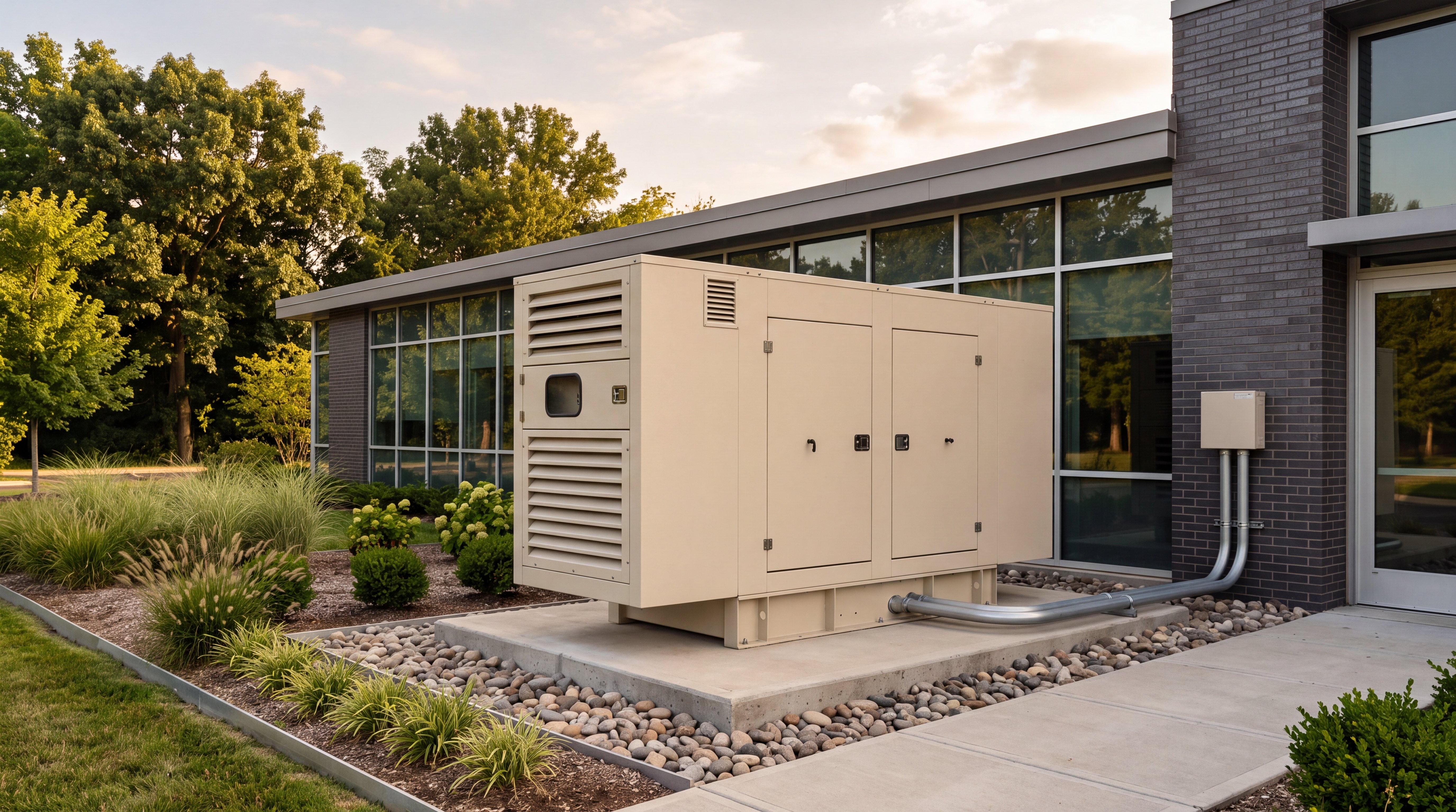 Commercial standby generator on a concrete pad beside an office building