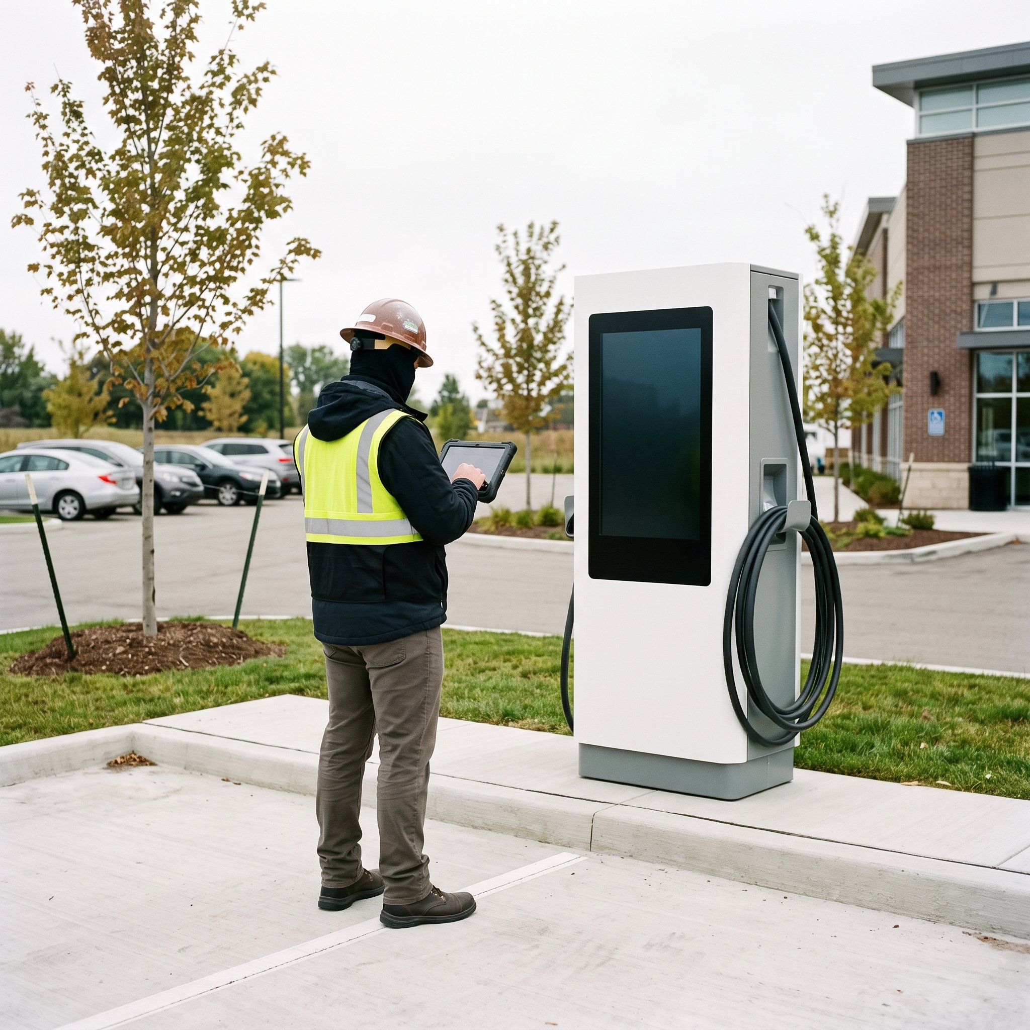 Technician commissioning a DC fast charger with a tablet