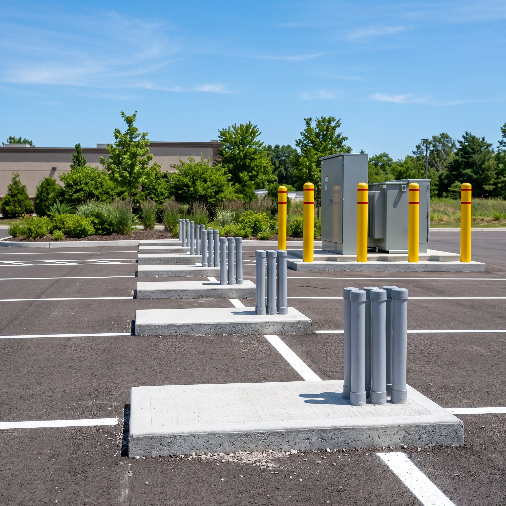 Capped conduit stub-ups on concrete pads awaiting future EV chargers