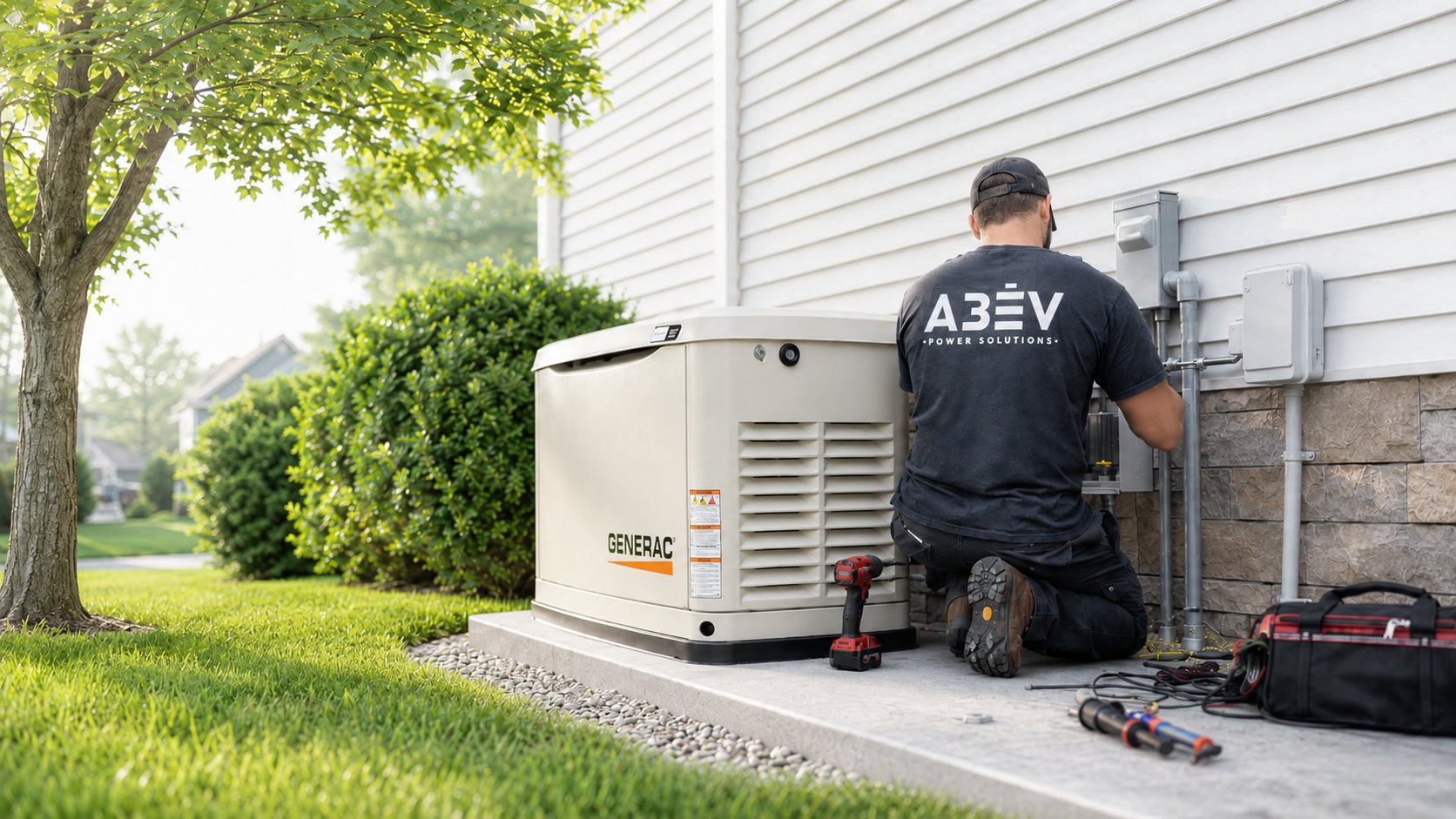 ABEV technician installing a standby generator at a home