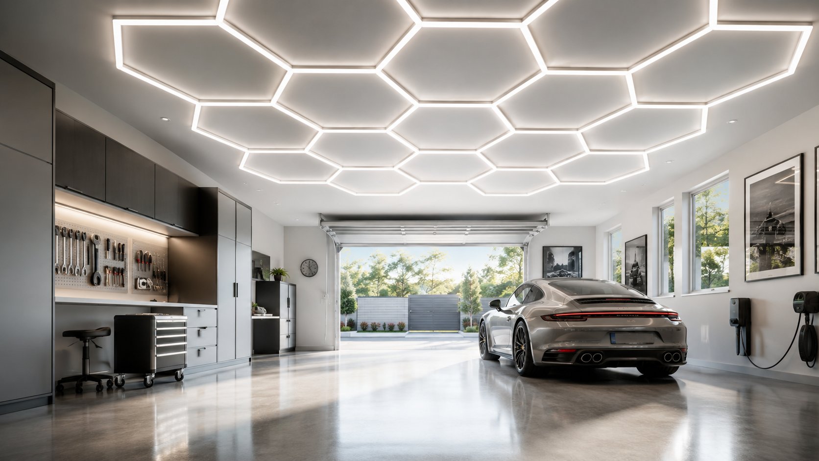 Upgraded LED lighting installation in a garage