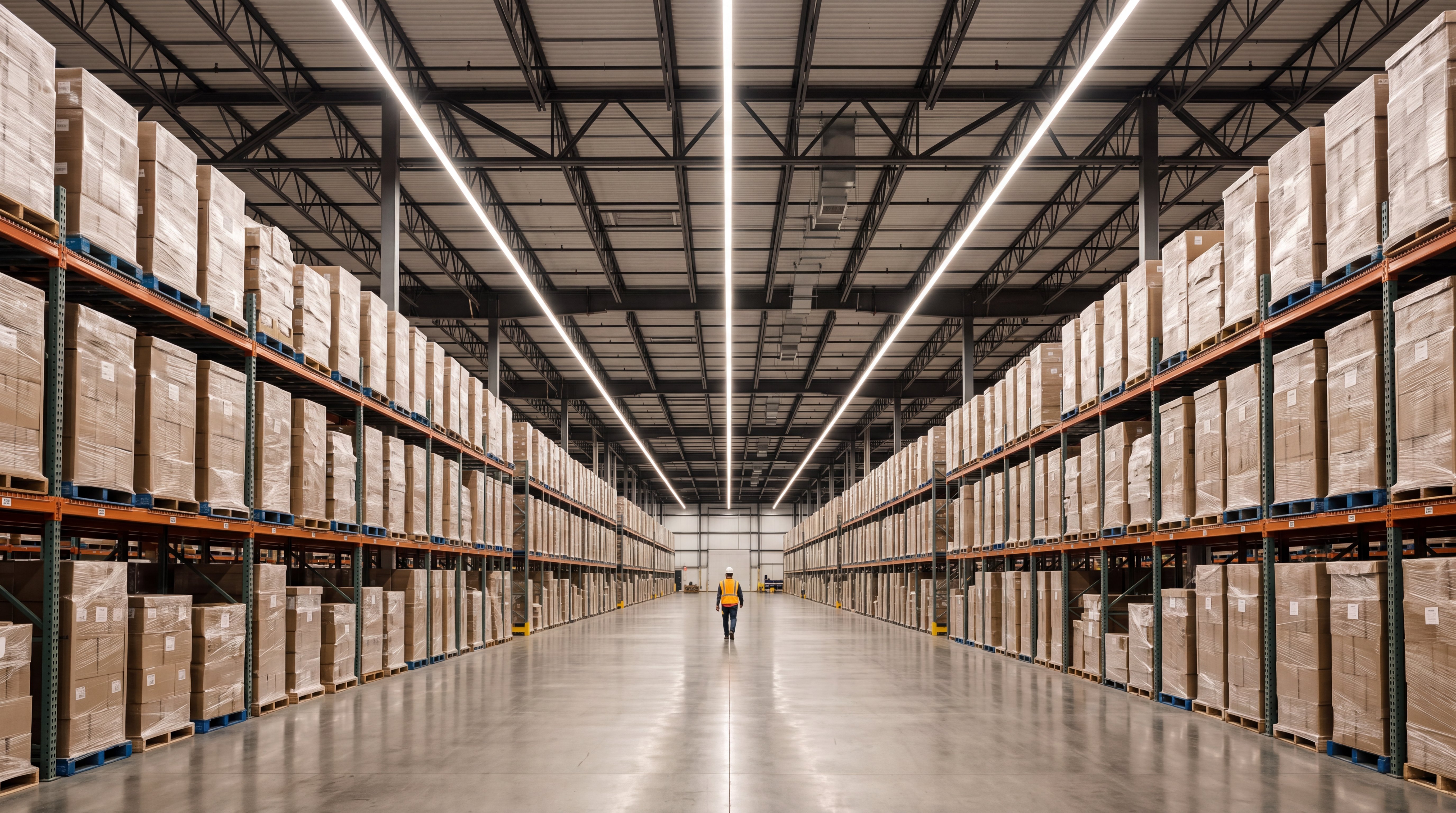 Warehouse aisle lit by rows of new linear LED high-bay fixtures
