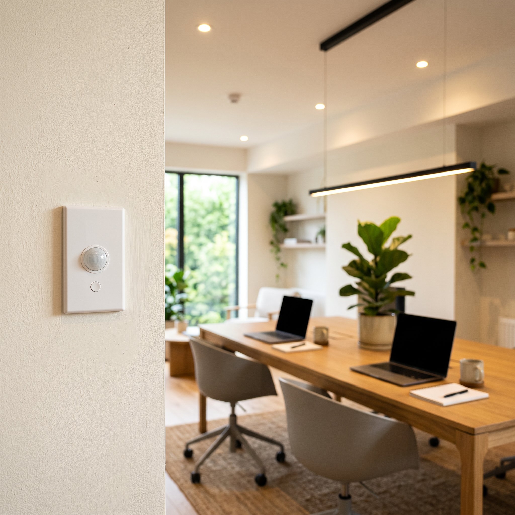 Modern office with recessed LED lighting and an occupancy sensor switch