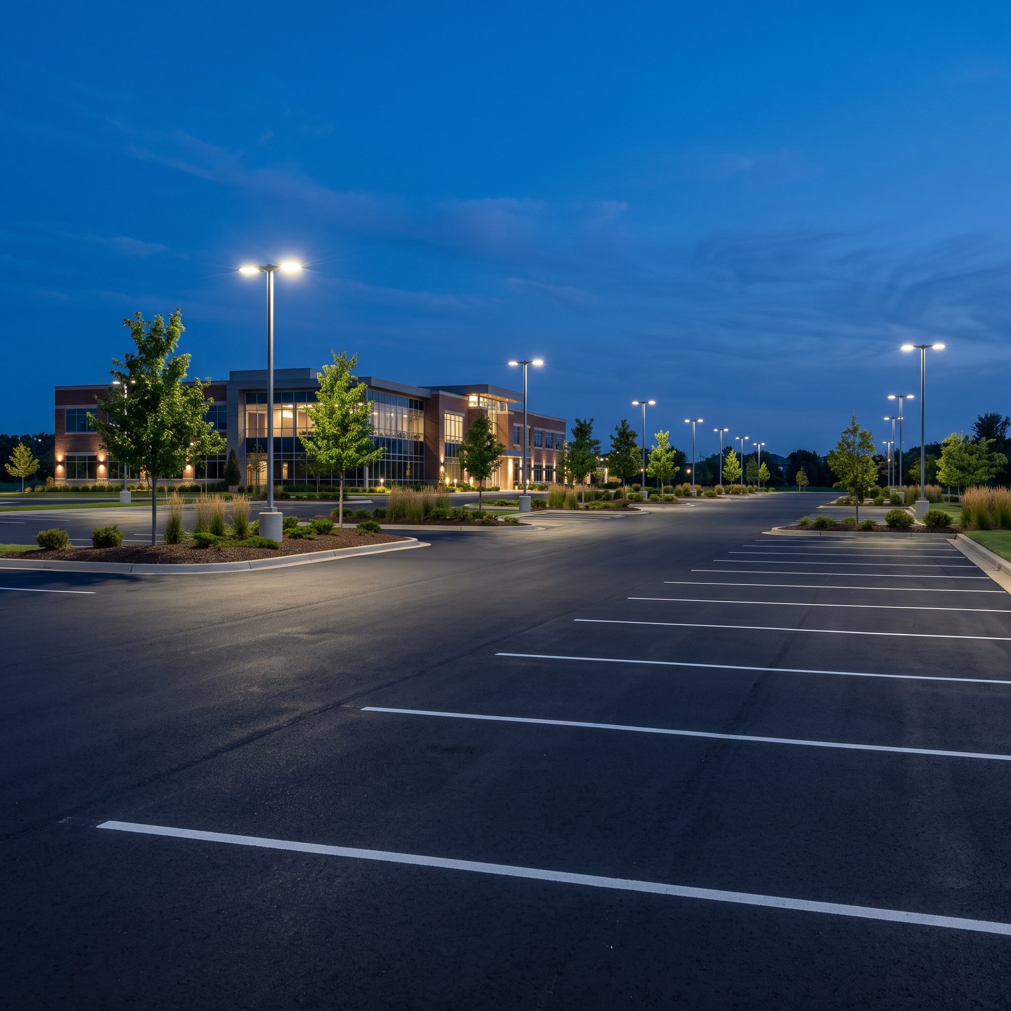 Commercial parking lot at dusk lit by new LED pole lighting