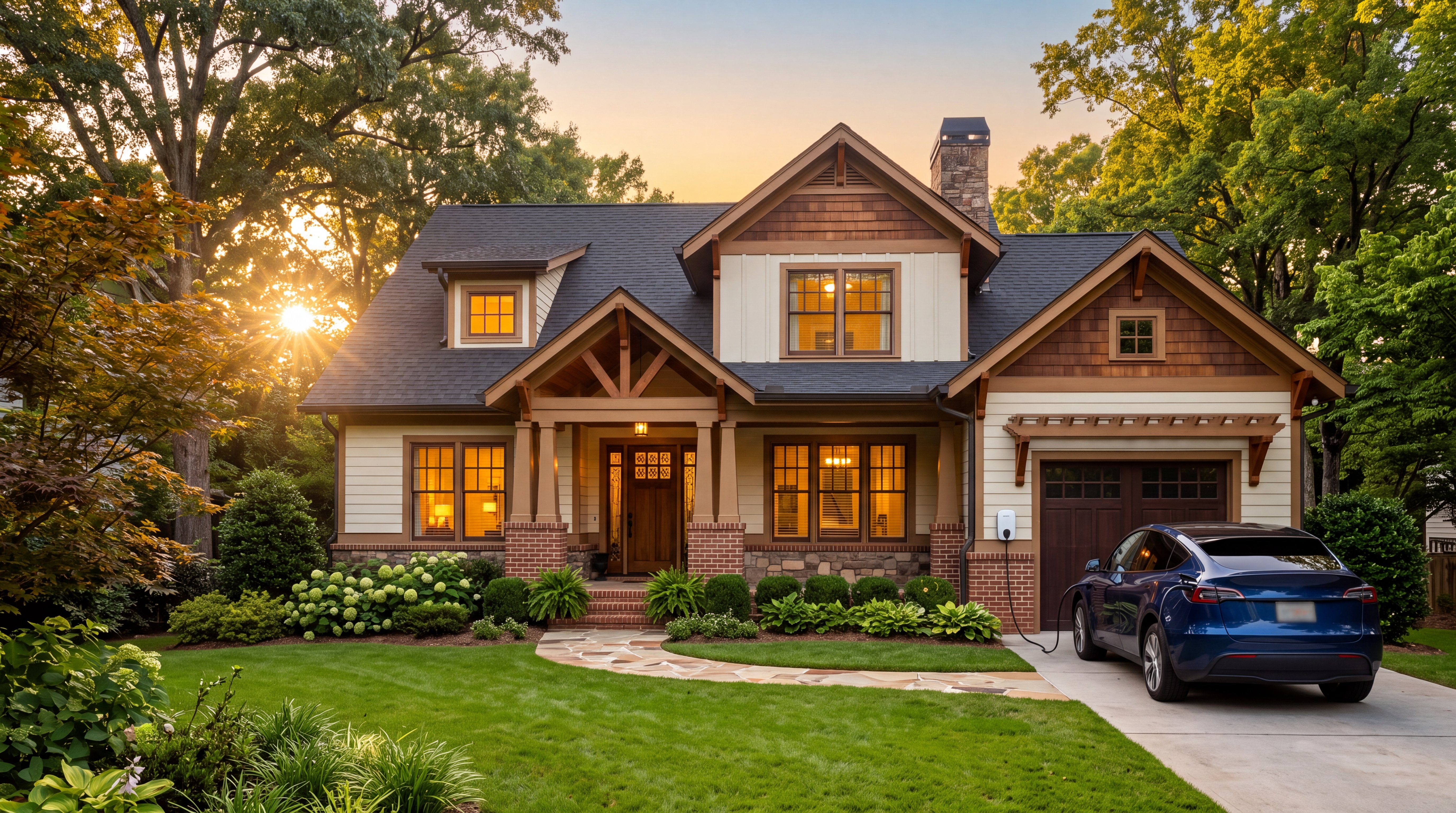 Craftsman-style home at golden hour with an electric car charging in the driveway
