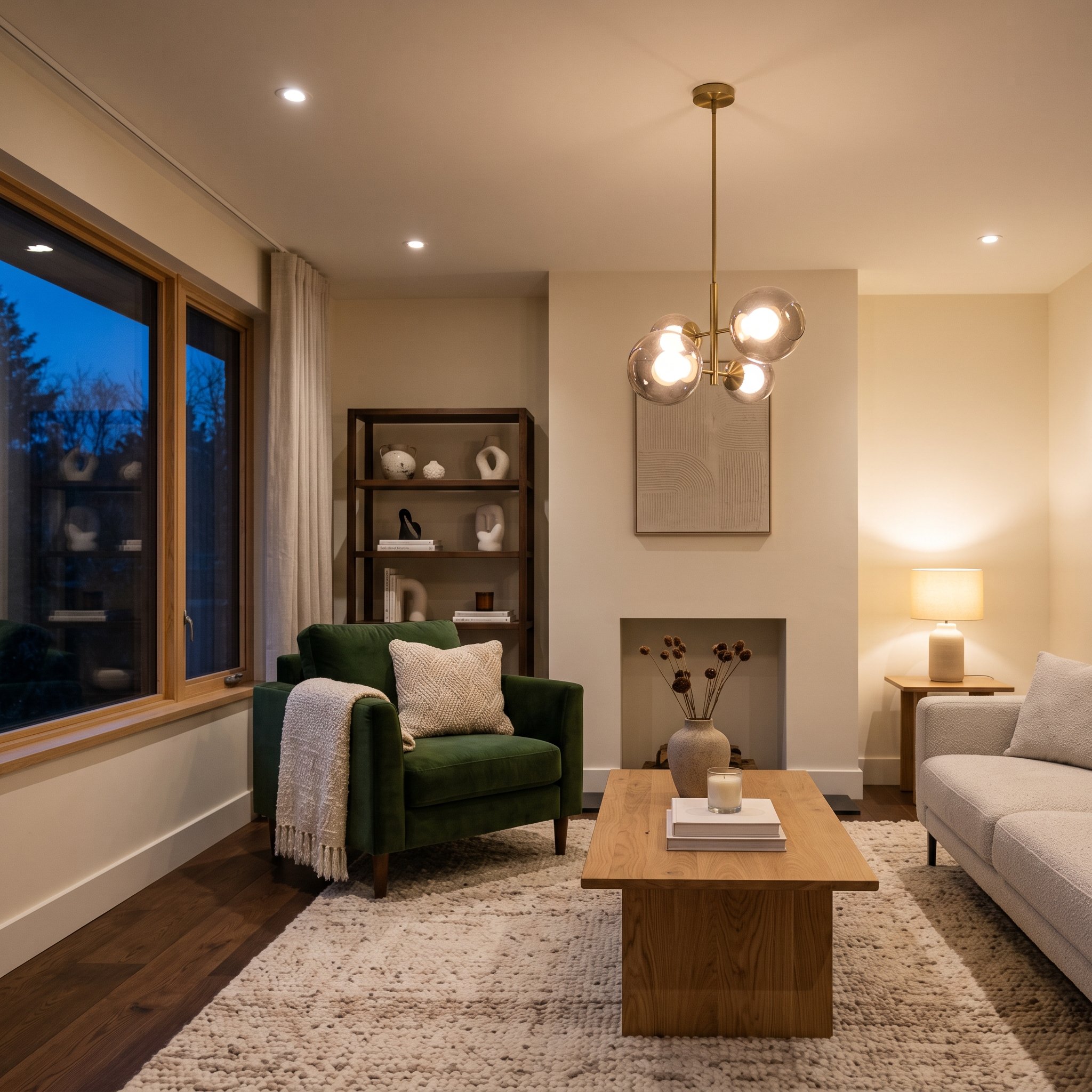 Warm living room at dusk with layered lighting