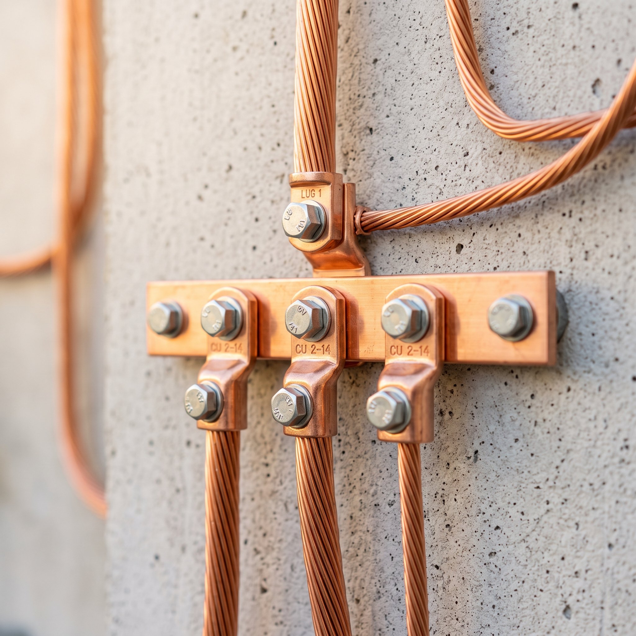 Copper grounding conductors bonded to a ground bar on a concrete wall