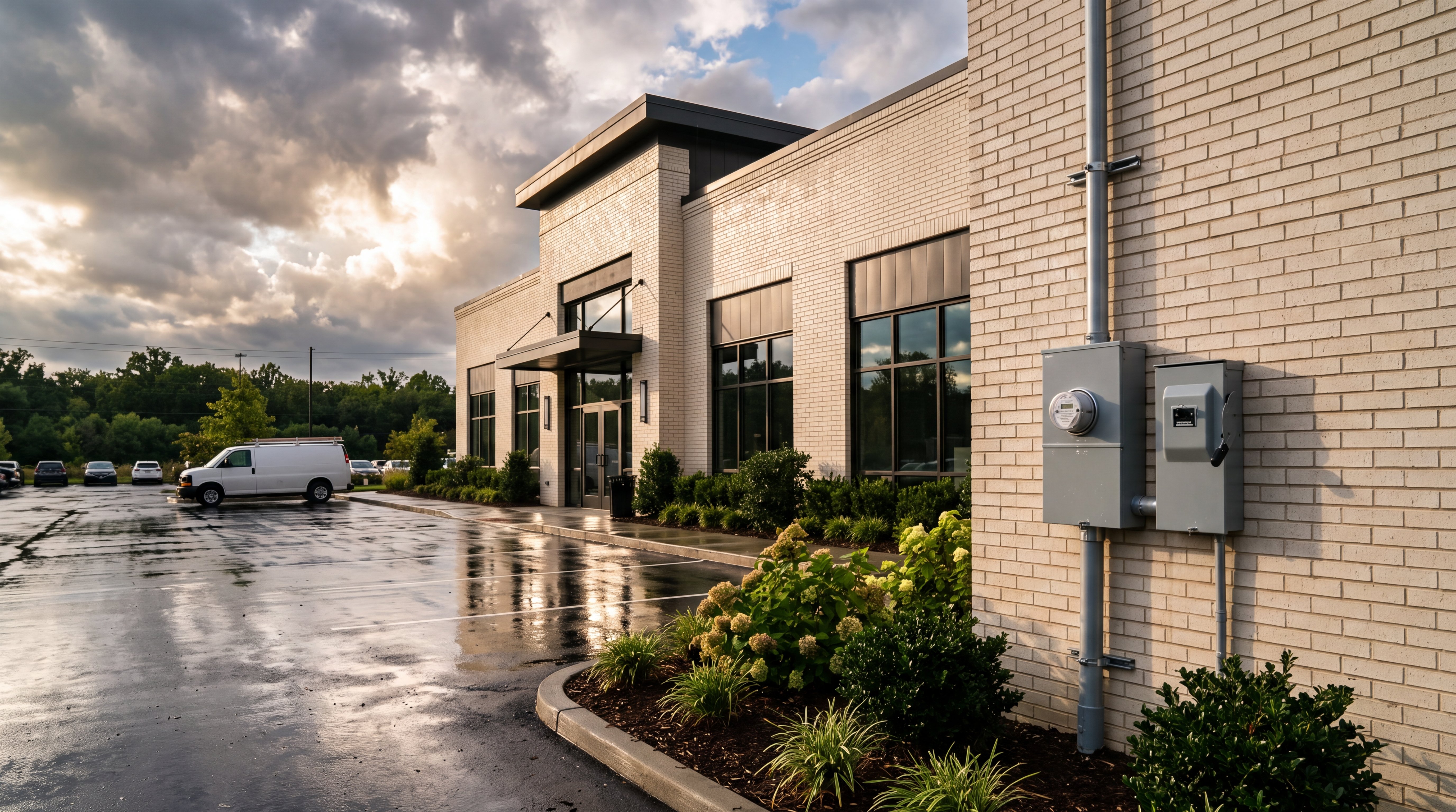 New electrical service equipment on a commercial building as storm clouds clear