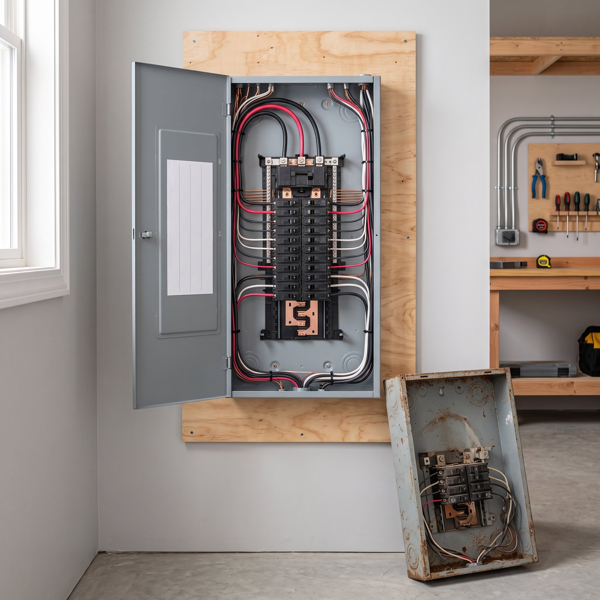 New electrical panel with neatly organized conductors beside the old removed panel